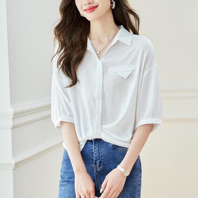 Haut Manches Cinq Points avec Revers Blanc pour l'Été Style Mis à Jour Sensation Haut de Gamme Coupe Ample et Polyvalent XXL blanc