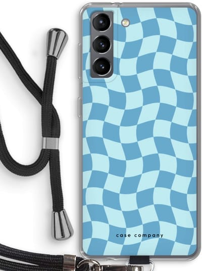 Case Company® - Hoesje met koord geschikt voor Samsung Galaxy S21 hoesje met Koord - Grid Blauw - Telefoonhoesje met Zwart Koord - Bescherming aan alle Kanten en Over de Schermrand