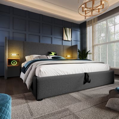 Tweepersoonsbed 180x200 cm met nachtkastje - leeslamp en USB Type-C oplaadfunctie - met opbergruimte - grijs - linnen - zonder matras