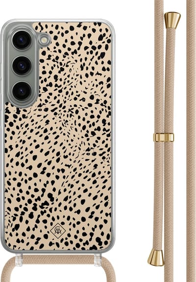 Casimoda® hoesje met beige koord - Geschikt voor Samsung S23 - Stippen bruin abstract - Afneembaar koord - TPU/polycarbonaat - Bruin/beige