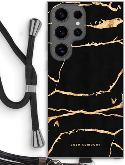 Case Company® - Hoesje met koord geschikt voor Samsung Galaxy S24 Ultra hoesje met Koord - Gouden marmer - Telefoonhoesje met Zwart Koord - Bescherming aan alle Kanten en Over de Schermrand