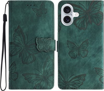 Coverup Hoesje - Geschikt voor iPhone 16 Hoesje - Coverup Vlinders Book Case - Groen