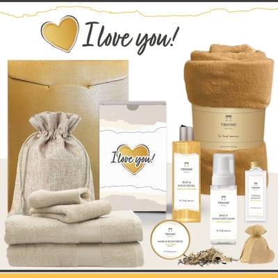Geschenkset “I Love You!” - 11 producten - 1660 gram | Triomf Original - Giftset voor haar Cadeau Valentijnsdag Luxe wellness cadeaubox Vrouw Ik hou van jou Cadeaupakket Kerst Geschenk Moeder Verjaardag Gift Set Valentijn Vriendin Crème Okergeel