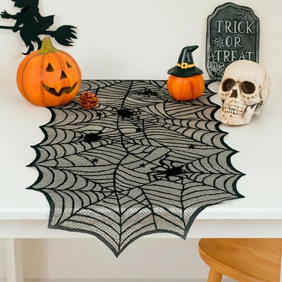 Dailygoods - Halloween decoratie, spinnenweb Halloween tafelloper zwart, Halloween-decoraties, tafelloper kant, 46 x 183 cm, eng spinnenweb decoratie voor horrorfeest, horrordecoratie, themafeest