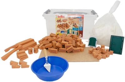 Teifoc® Bouwdoos – Creatieve Box – 145 onderdelen – Echte mini Bakstenen met Cement, Kom en Troffel – Bouwpakket voor kinderen vanaf 6 jaar