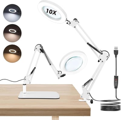 Thijox - 10X Vergrootglas met Licht en Standaard, Tafelloep met Klem en Grote Basis, 72 Dimbare LEDs, 3 Kleurmodi, 10 Helderheidsniveaus voor Naaien,