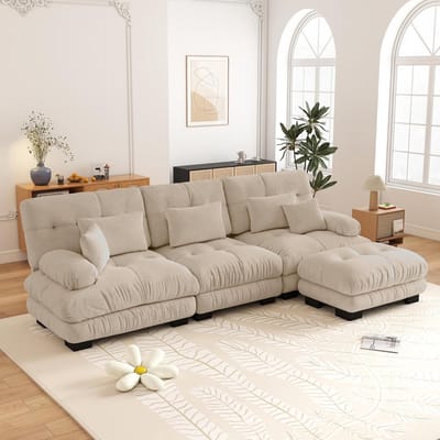 L-Bank Luxe modulaire hoekbank - Extra grote L-vormige wolkbank voor de woonkamer, Convertibele L-vormige Bank, 3-Zitsbank, Hoekbank, Diepe Slaapbank met Voetenbank, Corduroy, Beige
