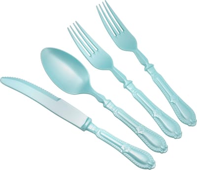 Decorline - Herbruikbare robuuste plastic bestekset Parel Turkoois, - 40-delig - met elk 20 vorken, 10 messen en 10 soeplepels - Baroque Collection voor Kerstmis,Bruiloften, Verjaardagen, Feesten en Evenementen