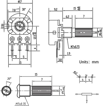 Lineaire Taper Rotary Potentiometer 20K Ohm met Verbinder Draad en Aluminium Knoppen (6 stuks)