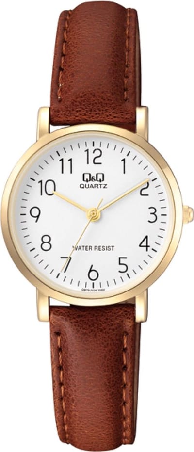 Q&Q Q979J104Y - Horloge - Analoog - Vrouwen - Dames - Leren band - Rond - Metaal - Cijfers - Bruin - Goudkleurig - Wit - 5ATM