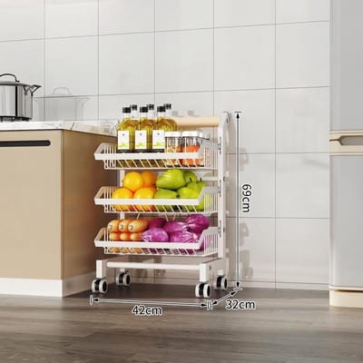 Dunne Keuken Opbergwagen - Meerdere Lagen Groenterek met Houten Handvat en Blokkeerbare Wielen - Wit 3 Lagen