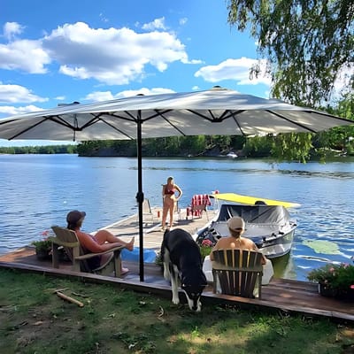 Zweefparasol 455x270 cm XL Rechthoekig – UV-bestendig Tuinparasol met Slingermechanisme, Aluminium Frame, Inclusief Parasolvoet & Zandzakken – Crème – Mobili Bella