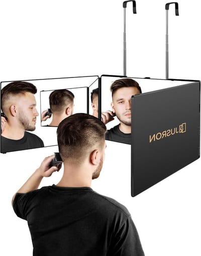 360 degree hanging folding mirror - 3-piece hair cutting mirror with height adjustable feature - makeup and shaving mirror set for hairdressing
