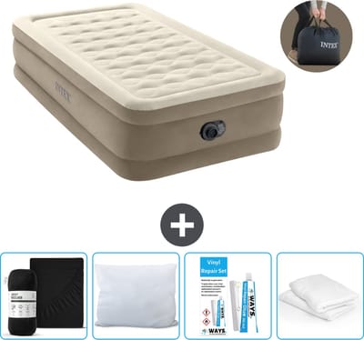 Intex Luchtbed - 1-Persoons - 99 x 191 x 46 cm - Beige - Inclusief pomp - Hoeslaken - Kussen - Kussenbeschermer en Reparatieset