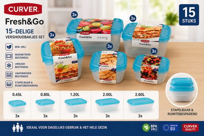 Curver Fresh&Go Vershoudbakjes Set 15-delig - 5 Formaten - BPA-vrij - Geschikt voor Magnetron, Vriezer en Vaatwasser