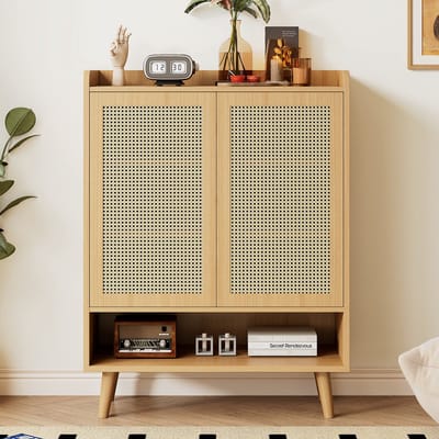 MODFU Opbergkast B80/H105/T35 cm van spaanplaat en massief hout, met deuren en planken, licht eiken