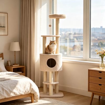 STILVORA Krabpaal – 148 cm Hoog – Spaanplaat, Pluche en Sisal – Beige – Met Kattenhuisje, Speelbal en Meerdere Ligplatforms