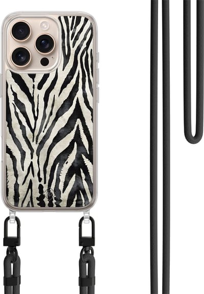 Casimoda® hoesje met koord - Geschikt voor iPhone 16 Pro - Zebra Safari - Afneembaar koord - TPU/polycarbonaat - Zwart