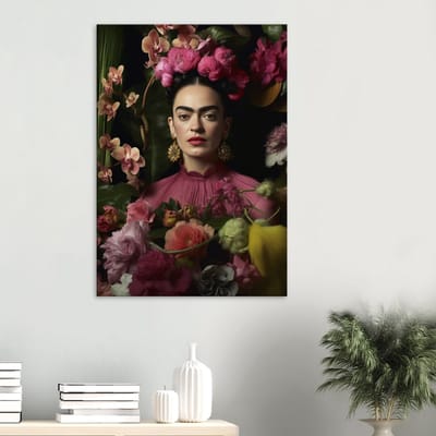 Canvas Schilderij - Frida Kahlo – Floral portrait 100x150 cm - Portretten Wanddecoratie Woonkamer & Slaapkamer