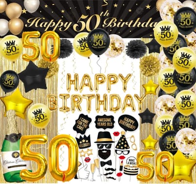FeestmetJoep 50 jaar verjaardag versiering - 50 Jaar Feest Verjaardag Versiering Set 87-delig - Happy Birthday Slinger & Ballonnen - Decoratie Man Vrouw - Zwart en Goud
