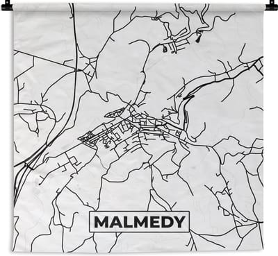 Wandkleed - Wanddoek - Zwart Wit – België – Plattegrond – Stadskaart – Kaart – Malmedy - 180x180 cm - Wandtapijt