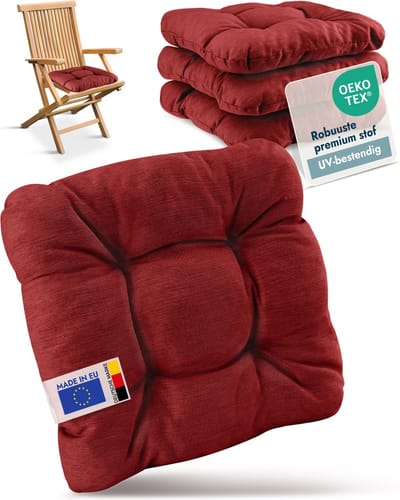 Beautissu HighLux SK – Set van 4 Premium Stoelkussen 35x35 cm Rood – Robuust Zitkussen UV-bestendig – 8 cm Dik – Indoor & Outdoor – Tuinkussen Balkon
