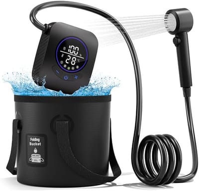 Thijox - Draagbare Campingdouche 8000 mAh, Pomp met Temperatuurweergave, 5 Gallon Opvouwbare Emmer, Buitendouche voor Kamperen, Reizen, Tuin, Wandelen