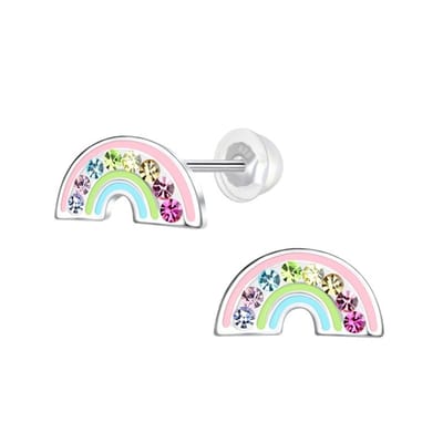 Zilveren oorstekers K3 collectie, regenboog in pastelkleuren met kristallen