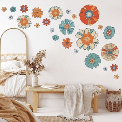 Boho Retro Bloemen Muurstickers, Kleurrijke Grote Vintage Bloem Decoraties voor Slaapkamer, Woonkamer en Kantoor, Muurdecoratie voor Sofa en TV Achtergrond