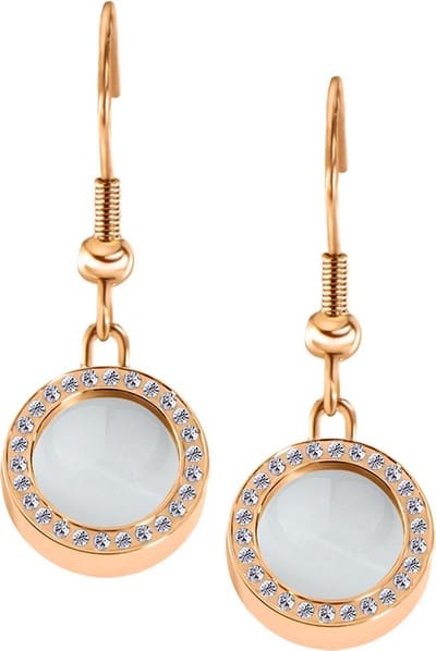 Quiges RVS Schroefsysteem Oorhangers Oorbellen Rosékleurig met Zirkonia en Verwisselbare Cat's Eye Beige Mini Munt Set - ECOS148