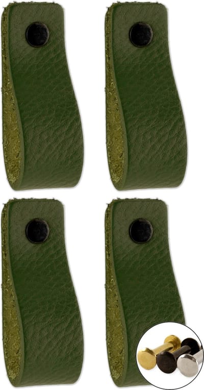 Leren handgrepen - Olijf groen - 4 stuks - 16,5 x 2,5 cm - incl. 3 kleuren schroeven - Groene handgrepen leer - Leren meubelgreep - Leren handvaten kast - Leren lus - Handgreep leer - Leren greepjes - Handvat leer - Leren deurgreep - Leren handgreep