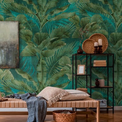 Fotobehang Profhome 391851-GU vliesbehang hardvinyl warmdruk in reliëf glad in jungle stijl mat groen petrol olijfgroen 1,59 m x 2,8 m