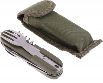 *** Ultiem Survival Bestek - 5-delig - Groen - Inclusief beschermhoes - Gereedschapsriem - Inklapbaar - Vork, Lepel, Mes, Kurkentrekker, Bieropener, Spork en Multitool - Voor avontuurlijk Kamperen - Camping - Handig Kampeerbestek - van Heble® ***