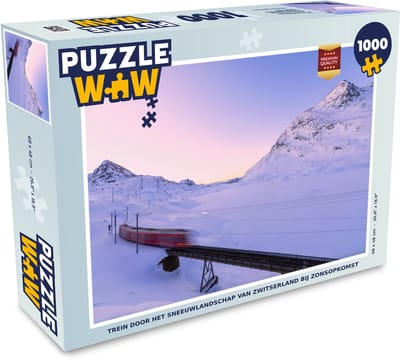 Puzzel Trein door het sneeuwlandschap van Zwitserland bij zonsopkomst - Legpuzzel - Puzzel 1000 stukjes volwassenen
