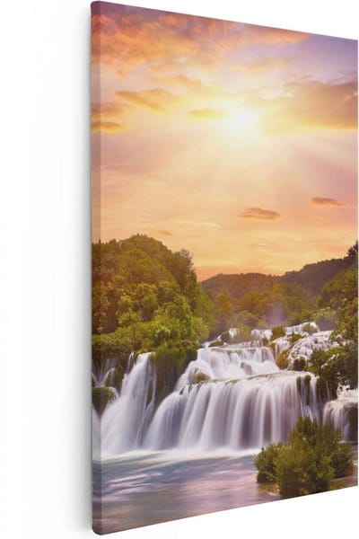 Artaza Canvas Schilderij Zonsondergang - 20x30 cm - Klein - Wanddecoratie Waterval - Muurdecoratie Landschap - Kamer Accessoires Bos