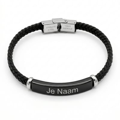 Armband met graveer, Armband met naam, Gepersonaliseerde zwarte gevlochten armband met naamgravure - strak contrast design, Armband met naamplaatje ,graveerarmband