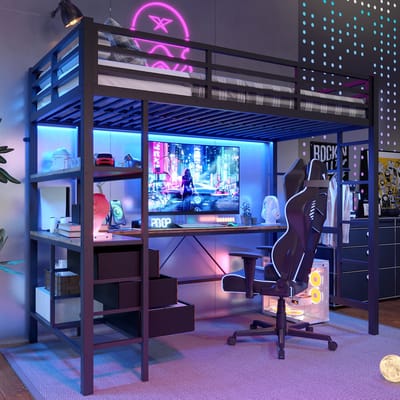 Hoogslaper, 90*200 cm, met Ledverlichting, Bureau, Stopcontact + USB-poort, 3 lades, Planken, Reling, trap, exclusief matras, Zwart