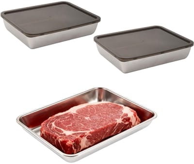 Dailygoods - Set van 3 vleeswarendozen voor koelkast, koelkastorganizer, roestvrij staal, vershouddozen met deksel, opslag van kaas en vlees (25 x 20 x 5,5 cm)
