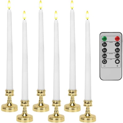 Lot de 6 bougies coniques sans flamme avec base scintillante à LED et bougeoir pour Halloween, mariage, Noël, décoration d'intérieur