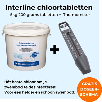 Interline Chloortabletten zwembad 200 gram 5 kg - Chloortabletten zwembad - Let op: Grote chloortabletten 200 gram per tablet - Verpakking van 5kg - Langwerkende chloortabletten - Gratis thermometer - Inclusief doseerschema