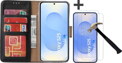 Hoesje met 2 Stuks Screenprotectors Geschikt voor Samsung Galaxy S25 – Arara bookcase met pasjeshouder - Zwart