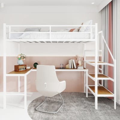 Pugsdrly Stapelbed met L-vormig bureau, veel opbergruimte en vakken, stabiel bedframe met trap, doorlopende leuning, ruimtebesparend, geruisloos, geen elastische veren nodig