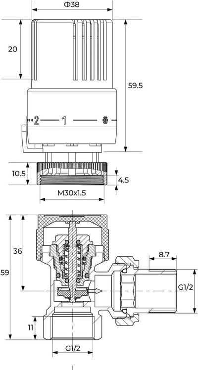 Thermostaatventiel met Schroefdraad voor Radiator Hoekmodel in Set van 2 Stuks