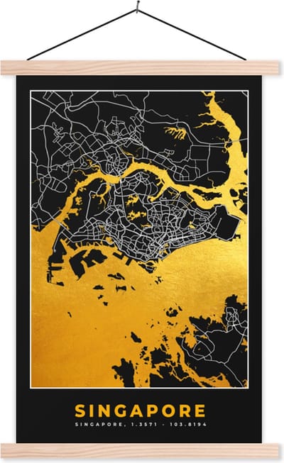 Posterhanger incl. Poster 40x60 cm - Schoolplaat - Singapore - Stadskaart - Goud - Plattegrond - Kaart - Textielposter - Blanke latten - Stadskaart