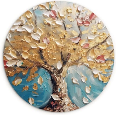 WallCircle® Wandcirkel 120x120 cm - Muurcirkel Boom - Blauw Goud - Abstract - Modern - Herfst - Verflook - Natuur - Muurdecoratie woonkamer - Wanddecoratie slaapkamer - Kamer decoratie accessoires - Ronde schilderijen - Woonaccessoires