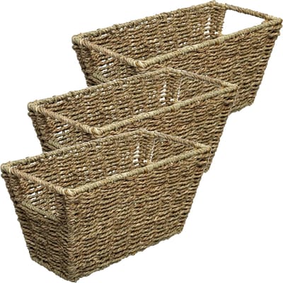 5Five Rieten opbergmand - 3x - gevlochten - beige/zwart - 31 x 15 x 15 - Kast-/badkamer mandjes