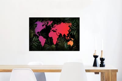 Aluminium schilderij 90x60 cm - Wanddecoratie metaal - Wereldkaart - Kleuren - Planten - Metalen muurdecoratie woonkamer - Decoratie industrieel - Foto op dibond - Industriële accessoires slaapkamer