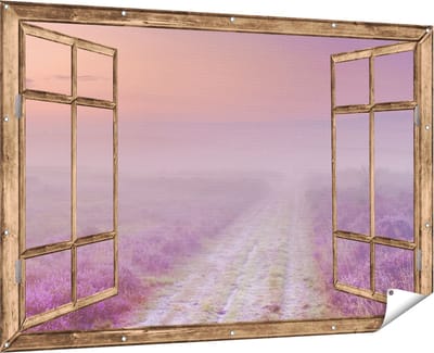 Gards Tuinposter Doorkijk Pad in de Weide tijdens de Mist - 180x120 cm - Tuindoek - Tuindecoratie - Wanddecoratie buiten - Tuinschilderij
