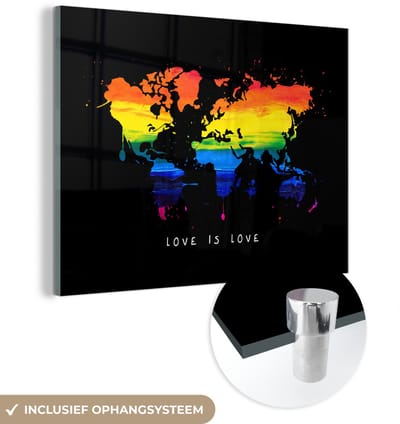 ® Glasschilderij 160x120 cm - Schilderij acrylglas - Wereldkaart - Regenboog - Liefde - Foto op glas - Muurdecoratie woonkamer - Wanddecoratie slaapkamer - Schilderijen