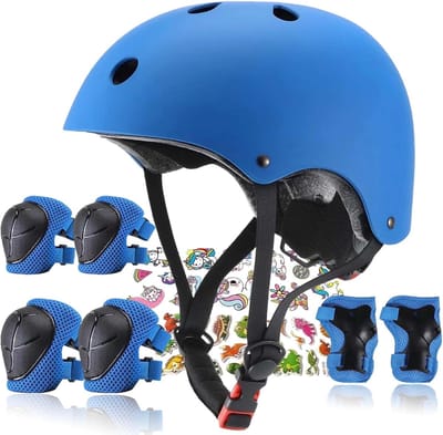 KZQ Kind Beschermingsset, Helm met Knie Elleboog en Pols Beschermers, Sportveiligheid voor Kinderen 3 tot 14 Jaar, Verstelbare Skateboard Fiets Skeeler Helm voor Meisjes en Jongens, blauw